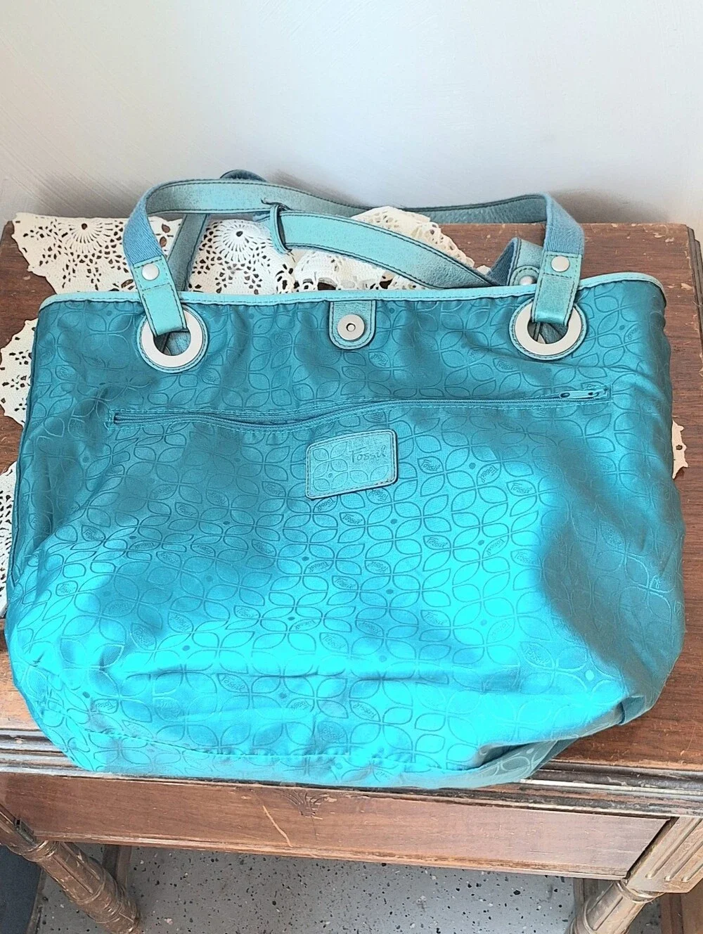Fossil Hathaway Light Teal Leather Shoulder Tote Bag - Picture 8 of 13